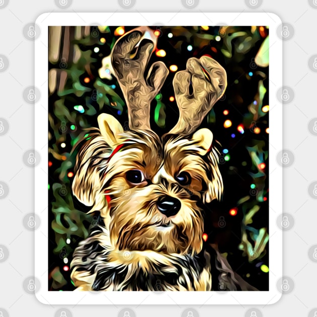 Christmas Yorkshire Terrier with Reindeer Antlers Sticker by AdrianaHolmesArt